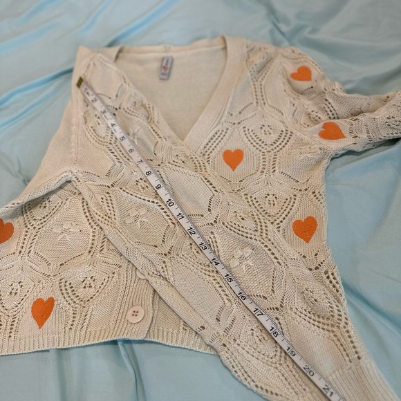 Blue Steel Medium Cream Open Knit Button cardigan w/ Orange Embroidered Hearts. - Picture 7 of 11